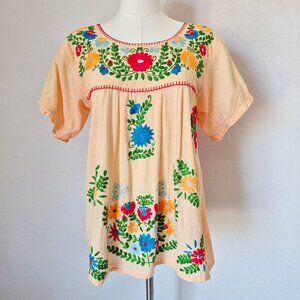 SIREN Mexican Camisa Blusa Floral Embroidered Blouse Short Sleeve Orange